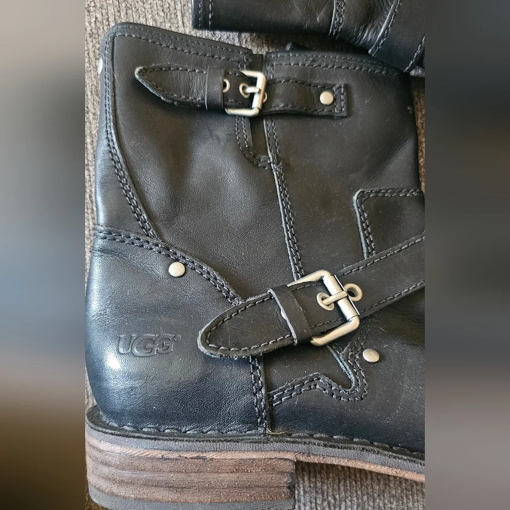 UGG Women's Black Leather Moto Boots - Picture 2 of 11